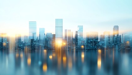 Fototapeta premium A stunning city skyline featuring modern glass skyscrapers reflecting light, symbolizing urban development and architectural innovation. A vibrant view of a dynamic cityscape.