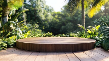 Wooden podium in lush tropical garden setting