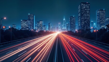 Obraz premium City highway at night with fast moving vehicles. Light trails show data flow. Abstract concept of fast tech transfer, digital transformation. Modern cityscape in background. Dynamic illustration of