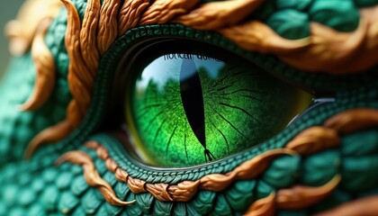 Magnificent emerald green dragon eye shines brilliantly. Dragon eye heralds New Lunar Year. Detailed dragon eye illustration. Close-up view of intricate textures, colours. Exotic wildlife.