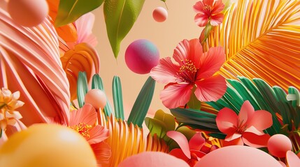 Vibrant tropical floral arrangement, colorful abstract shapes, whimsical design, ideal for spring/summer backgrounds