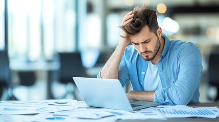 A young man appears stressed while working on a laptop at his desk, surrounded by papers and reports. This image captures the challenges and pressures of modern work life.