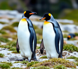 Fototapeta premium King penguins standing in harmony on a lush green beach, embodying grace and beauty in nature