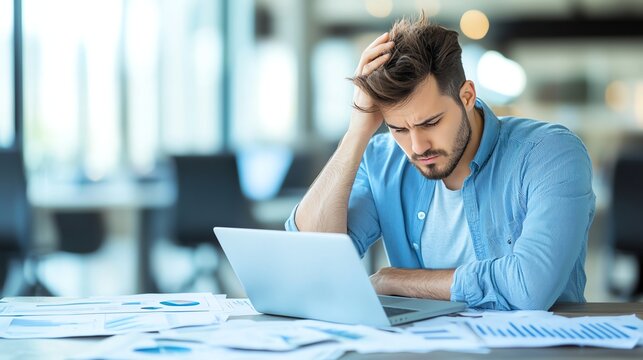 A young man appears stressed while working on a laptop at his desk, surrounded by papers and reports. This image captures the challenges and pressures of modern work life.