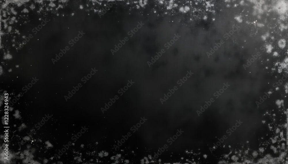 Aufkleber Dark abstract grunge design with distressed texture. Aged photo editor layer creates vintage effect. Black background white dust, scratches. Suitable for various design projects. Empty space allows