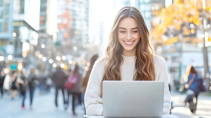 A young woman smiles while working on her laptop in a vibrant urban setting. This image captures the essence of modern city life, blending technology with a lively atmosphere.