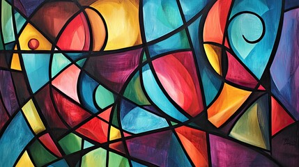 Vibrant abstract painting, colorful geometric shapes,  dynamic composition, background of bold hues