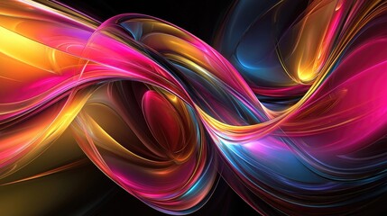 Abstract swirling vibrant color ribbons, digital art, dark background, for website design