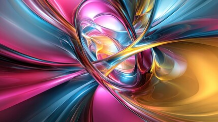 Abstract swirling metallic shapes, vibrant pink, blue, gold hues, digital background, website design