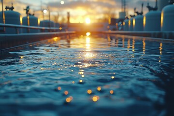 Sunset reflections on water in a gas station filling area with storage tanks in the background