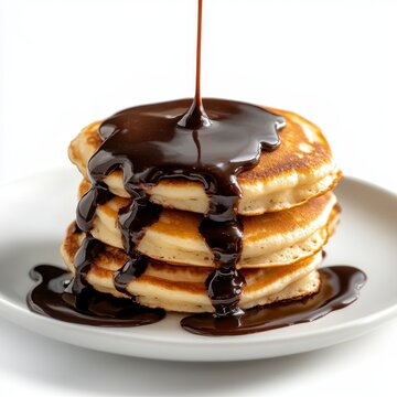 Delicious pancakes topped with rich chocolate sauce, inviting breakfast scene on a clean white backdrop, perfect for culinary inspiration
