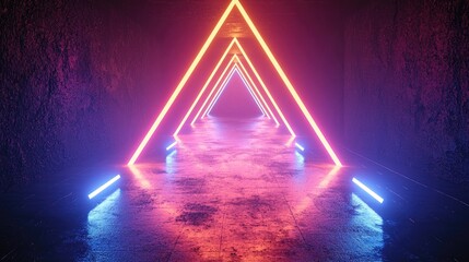 Neon triangle tunnel pathway, glowing, dark,  grungy walls