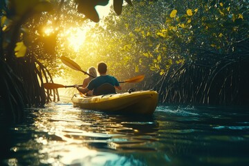 Couple kayaking through a mangrove tunnel at sunset, enjoying nature's beauty.