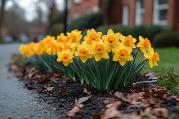 St. David’s Day celebration in a picturesque countryside setting. Bright yellow daffodils , and bundles of leeks decorate the festive scene 