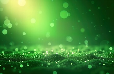 Sparkling green glitter particles create mesmerizing effect on solid green background. Glitter texture shows shimmering details. Image evokes freshness, vibrancy. Suitable for eco-friendly product