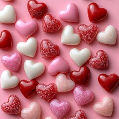 Obraz premium Border of pink and red hearts on soft pink background. Great for cards, advertisements, and social media posts.