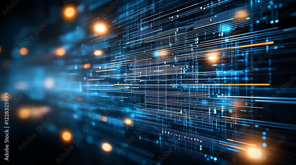 Poster dynamic representation of technology featuring data streams and glowing lines, illustrating the spee