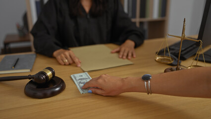Woman handing money to judge in office depicting legal transaction with law books, gavel, and scale...