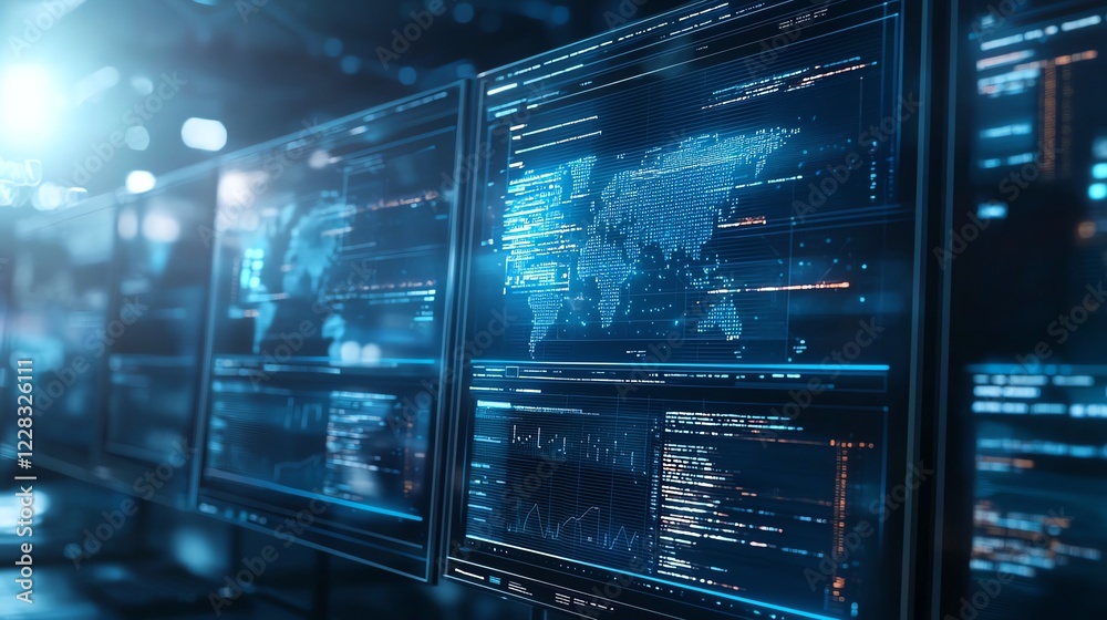 Aufkleber futuristic workspace featuring multiple screens with data visualizations and code. this high-tech en