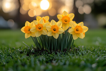 St. David’s Day celebration in a picturesque countryside setting. Bright yellow daffodils , and bundles of leeks decorate the festive scene 