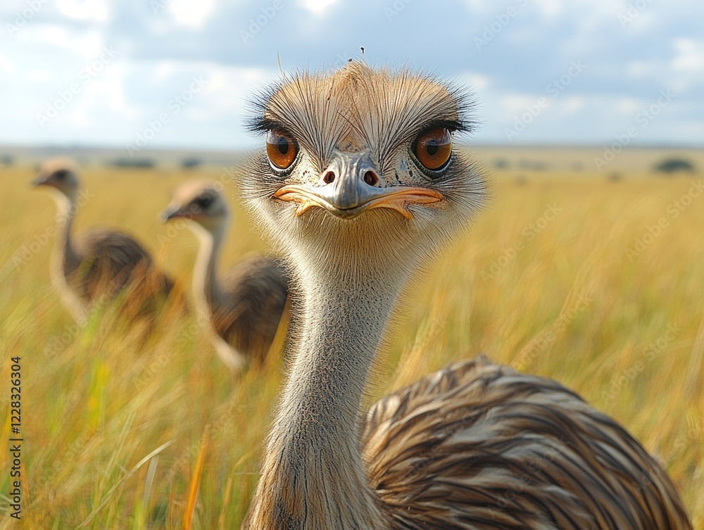 Wall mural three rheas standing in a grassy field with one facing the viewer