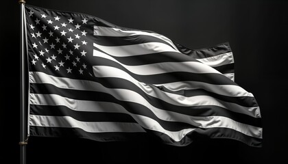 American flag waves in wind against dark background. Black, white stripes, stars on flag. Patriotic symbol of freedom, nation. Independence day, memorial day celebration concepts. Symbolic image of