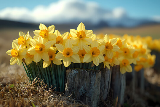 St. David’s Day celebration in a picturesque countryside setting. Bright yellow daffodils , and bundles of leeks decorate the festive scene 