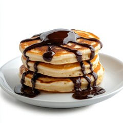 Chocolate drizzled pancakes on a white background, indulgent breakfast delight, inviting and appetizing presentation