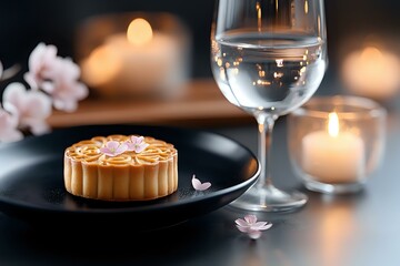 Traditional mooncake with delicate pink cherry blossoms on black plate, wine glass and glowing candles creating romantic atmospheric dining scene.