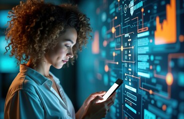 Woman uses mobile phone to get info about future employment from chatbot. Tech screen displays futuristic info, data. Modern tech support available online. Woman analyses future of work, job market.