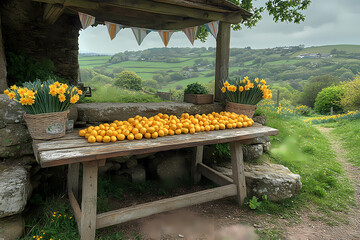 St. David’s Day celebration in a picturesque countryside setting. Bright yellow daffodils , and bundles of leeks decorate the festive scene 