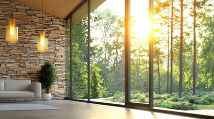 Sunlit modern living room forest view interior design serene environment contemporary aesthetic
