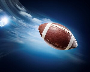 A spinning American football in mid-air, representing power, skill, and precision. A perfect shot for sports lovers.