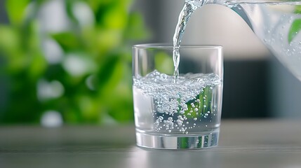 Fresh pure water pouring from pitcher into glass with splashing and bubbles on green natural background, healthy lifestyle and hydration concept.