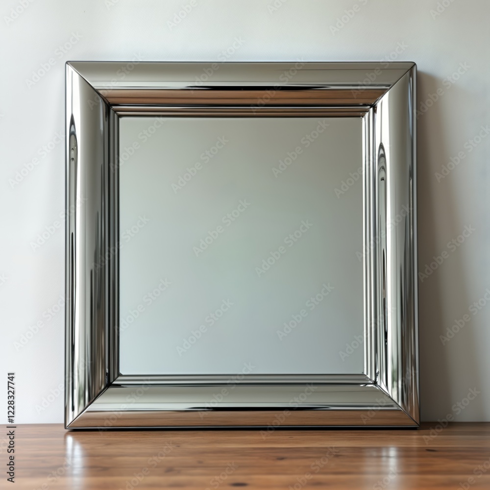Aufkleber modern chrome framed mirror stands on wooden floor against white wall. sleek square frame with round