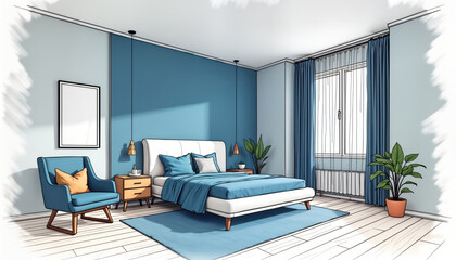 Modern bedroom design interior illustration. Contemporary bedroom with bed nightstands, reading corner. Blue, grey tones. Wide angle view. Stylish, tranquil atmosphere. Minimalist decor. Roomy
