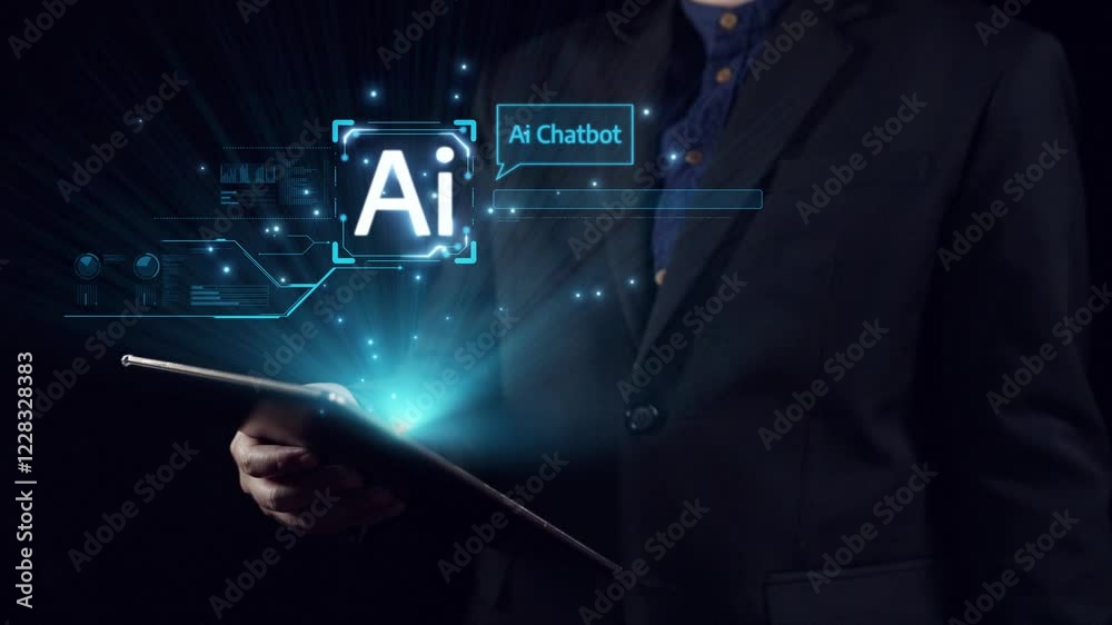 Poster human interact with ai artificial intelligence virtual assistant chatbot in concept of ai artificial