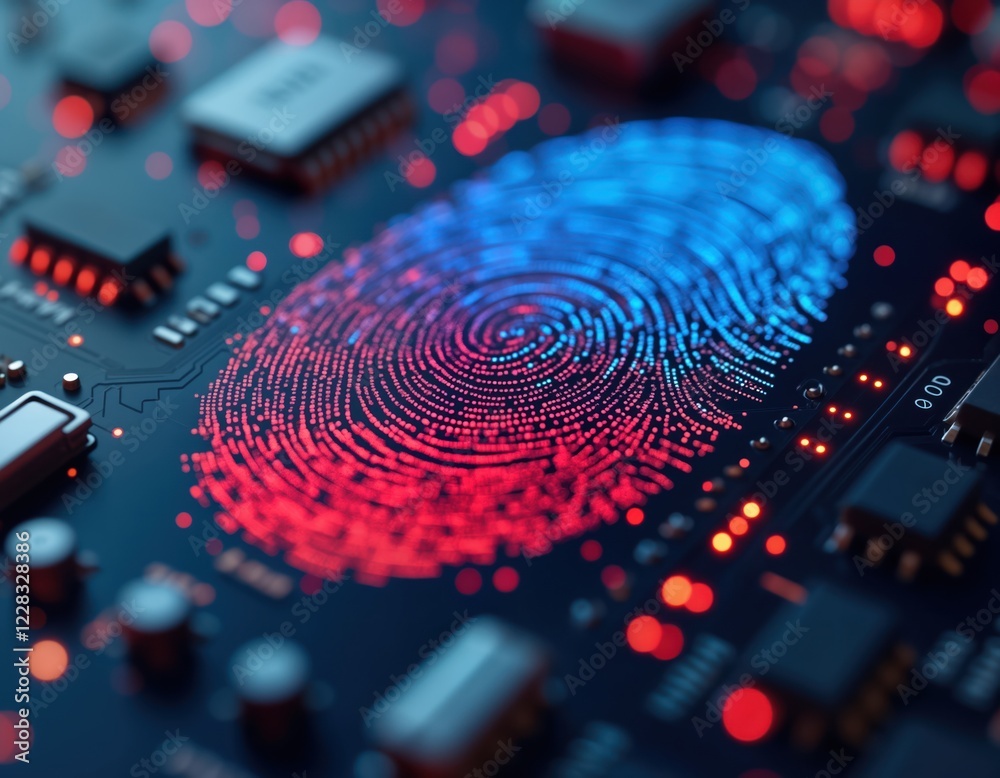 Fototapete Digital fingerprint on tech circuit board. Biometric data protection shown. Modern tech illustration. Illustration complex security tech. Cyber security concept. Fingerprint analysis. Artificial
