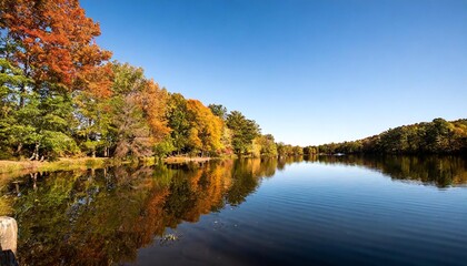 A serene lakeside view with calm water reflecting the vibrant colors of autumn trees under a clear blue sky.