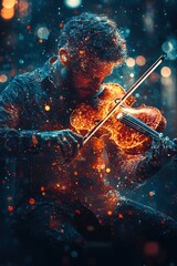 Fototapeta premium Vibrant musician plays violin surrounded by a cosmic light display during a magical nighttime performance