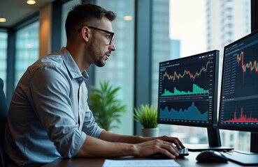Businessman trader looks at computer monitor. Analyzes financial charts, indexes. Modern office setting. Focused on online trading. Pro market analysis. Growth, profit of investment. Modern