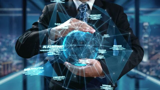 Businessman hold all futuristic technology concepts of generative AI artificial intelligence, virtual assistant, cloud computing, fintech, big data analytics, network connection, UUID