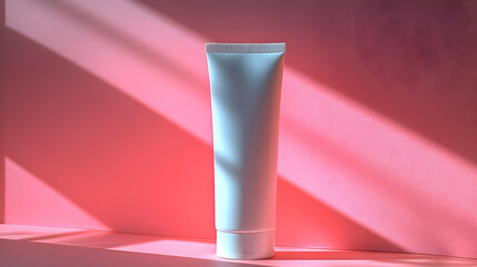 White Cosmetic Tube on Pink Background with Sunlight Shadows
