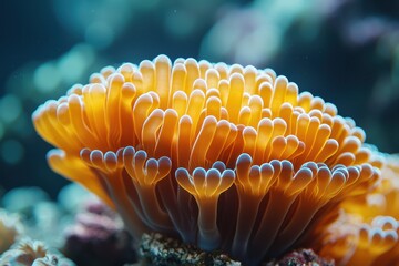 Vibrant orange coral thriving in a tropical reef ecosystem under clear water