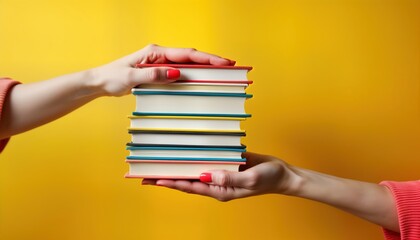 Two women hold stack of colorful books in empty room. Setting library college. Photo suggests donation sharing of literature. Vibrant yellow backdrop provides bright contrast. Scene student