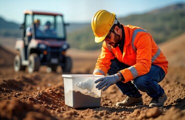 Geologist examines soil sample. Expert in protective gear collects earth sample in container. At construction site. Behind utility vehicle. Work related to energy project. Focus on earth science,