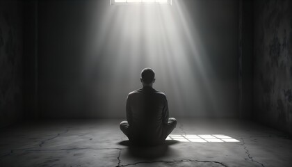 Person sits alone in dark room. Dim light enters through window. Room is empty, gloomy. Person seems pensive. Shadowy atmosphere conveys isolation, despair. Dramatic lighting creates moody scene.