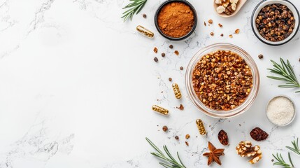 Exploring culinary spices and herbs kitchen counter ingredient arrangement bright lighting top-down view flavor profiles