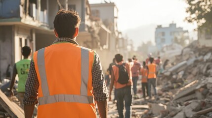 people helping in a destroyed city