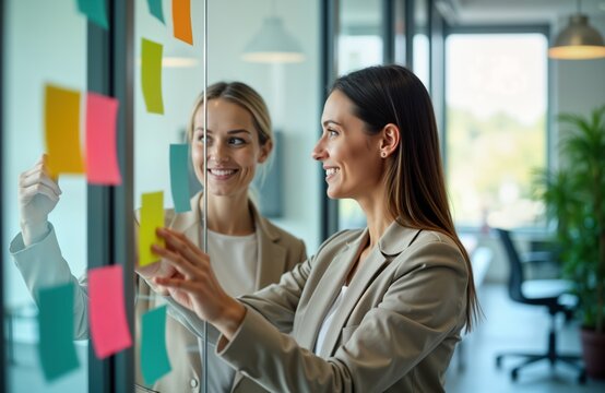 Two businesswomen in modern office plan project on glass wall covered with colorful sticky notes. Collaborate happily brainstorming ideas, creating plan together. Teamwork, positive attitude suggest